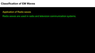 Application of Radio waves
Radio waves are used in radio and television communication systems.
Classification of EM Waves
 