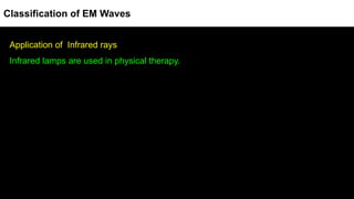 Application of Infrared rays
Infrared lamps are used in physical therapy.
Classification of EM Waves
 