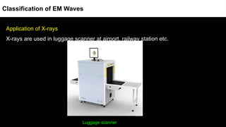 Application of X-rays
X-rays are used in luggage scanner at airport, railway station etc.
Luggage scanner
Classification of EM Waves
 