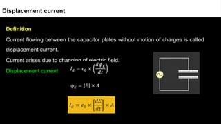 Definition
Current flowing between the capacitor plates without motion of charges is called
displacement current.
Current arises due to changing of electric field.
Displacement current
Displacement current
 