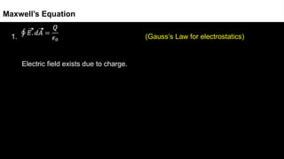 1. (Gauss’s Law for electrostatics)
Electric field exists due to charge.
Maxwell’s Equation
 