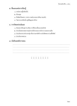 ชั้นประถมศึกษาปีที่ ๑ - ๓ เล่ม ๒
623
๕.	สื่อและแหล่งการเรียนรู้
	 ๑.	แหล่งความรู้ในท้องถิ่น
	 ๒.	ห้องสมุด
	 ๓.	สิ่งพิมพ์ นิตยสาร วารสาร ภาพประกอบการศึกษา ของจริง
	 ๔.	วิทยากรจากท้องถิ่น (ภูมิปัญญาชาวบ้าน)
๖.	การวัดผลประเมินผล
	 ๑.	สังเกตการฟัง พูด อ่าน เขียน การใช้ภาษาที่เหมาะสมกับวัย
	 ๒.	ประเมินผลจากผลการสรุปการอภิปรายและการทำ�การวางแผนความคิด
	 ๓.	ประเมินจากการทำ�งานกลุ่ม เน้นความสามัคคี ความรับผิดชอบ ความซื่อสัตย์
	 ๔.	ประเมินจากผลงาน
๗.	บันทึกผลหลังการสอน
..............................................................................................................................................................................................................................................................................
..............................................................................................................................................................................................................................................................................
..............................................................................................................................................................................................................................................................................
..............................................................................................................................................................................................................................................................................
w w w w w w w w
 