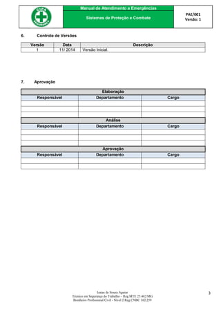 Manual de Atendimento a Emergências
PAE/001
Versão: 1Sistemas de Proteção e Combate
Izaias de Souza Aguiar
Técnico em Segurança do Trabalho – Reg.MTE 25.482/MG
Bombeiro Profissional Civil - Nível 2 Reg.CNBC 162.259
3
6. Controle de Versões
Versão Data Descrição
1 11/ 2014 Versão Inicial.
7. Aprovação
Elaboração
Responsável Departamento Cargo
Análise
Responsável Departamento Cargo
Aprovação
Responsável Departamento Cargo
 