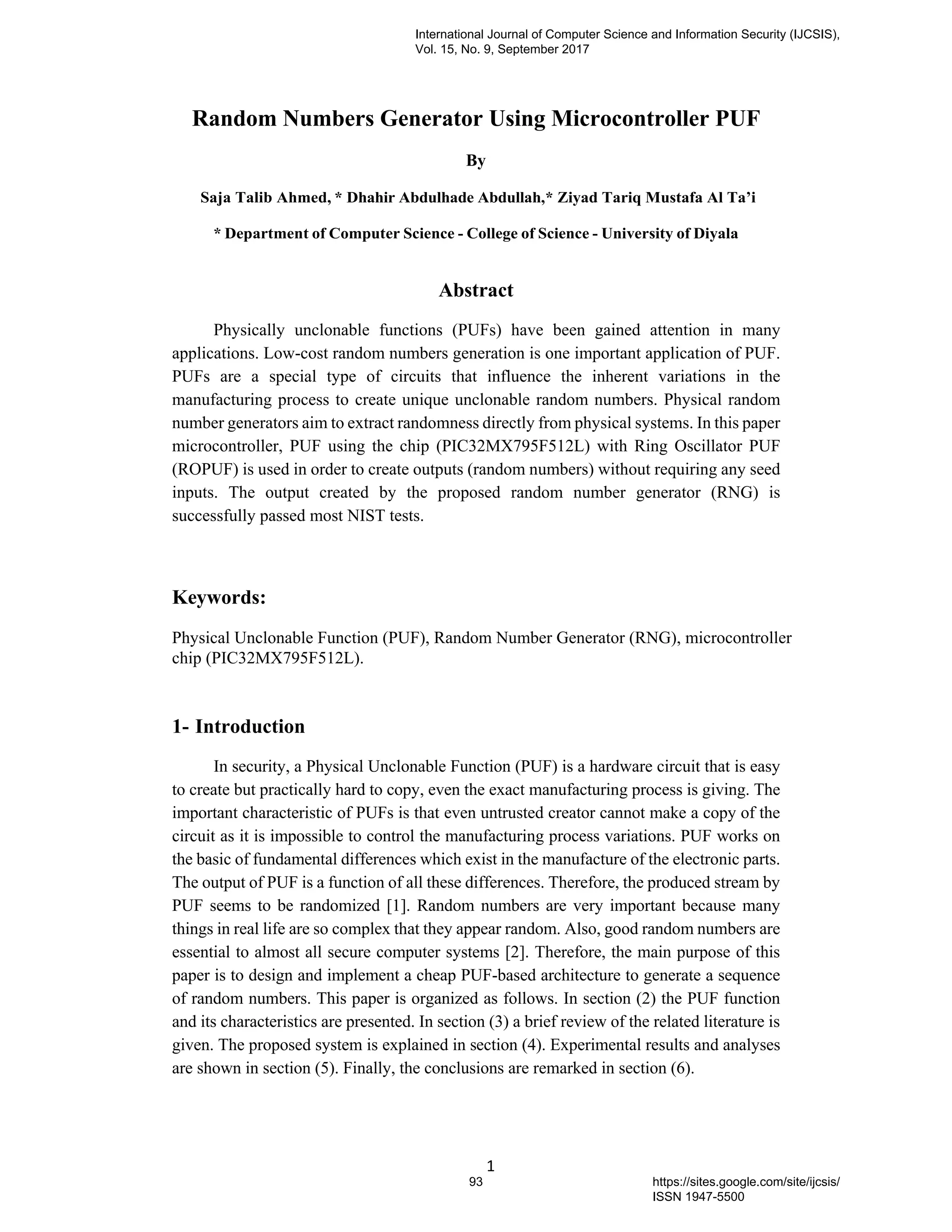 Random Numbers Generator Using Microcontroller PUF | PDF