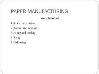 PAPER MANUFACTURING
Steps Involved
1.Stock preparation
2.Beating and refining
3.Filling and loading
4.Sizing
5.Colouring
 
