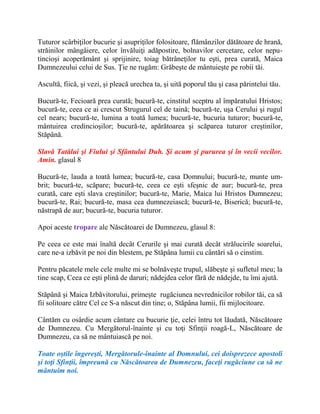Tuturor scârbiţilor bucurie şi asupriţilor folositoare, flămânzilor dătătoare de hrană,
străinilor mângâiere, celor învăluiţi adăpostire, bolnavilor cercetare, celor nepu-
tincioşi acoperământ şi sprijinire, toiag bătrâneţilor tu eşti, prea curată, Maica
Dumnezeului celui de Sus. Ţie ne rugăm: Grăbeşte de mântuieşte pe robii tăi.
Ascultă, fiică, şi vezi, şi pleacă urechea ta, şi uită poporul tău şi casa părintelui tău.
Bucură-te, Fecioară prea curată; bucură-te, cinstitul sceptru al împăratului Hristos;
bucură-te, ceea ce ai crescut Strugurul cel de taină; bucură-te, uşa Cerului şi rugul
cel nears; bucură-te, lumina a toată lumea; bucură-te, bucuria tuturor; bucură-te,
mântuirea credincioşilor; bucură-te, apărătoarea şi scăparea tuturor creştinilor,
Stăpână.
Slavă Tatălui şi Fiului şi Sfântului Duh. Şi acum şi pururea şi în vecii vecilor.
Amin. glasul 8
Bucură-te, lauda a toată lumea; bucură-te, casa Domnului; bucură-te, munte um-
brit; bucură-te, scăpare; bucură-te, ceea ce eşti sfeşnic de aur; bucură-te, prea
curată, care eşti slava creştinilor; bucură-te, Marie, Maica lui Hristos Dumnezeu;
bucură-te, Rai; bucură-te, masa cea dumnezeiască; bucură-te, Biserică; bucură-te,
năstrapă de aur; bucură-te, bucuria tuturor.
Apoi aceste tropare ale Născătoarei de Dumnezeu, glasul 8:
Pe ceea ce este mai înaltă decât Cerurile şi mai curată decât strălucirile soarelui,
care ne-a izbăvit pe noi din blestem, pe Stăpâna lumii cu cântări să o cinstim.
Pentru păcatele mele cele multe mi se bolnăveşte trupul, slăbeşte şi sufletul meu; la
tine scap, Ceea ce eşti plină de daruri; nădejdea celor fără de nădejde, tu îmi ajută.
Stăpână şi Maica Izbăvitorului, primeşte rugăciunea nevrednicilor robilor tăi, ca să
fii solitoare către Cel ce S-a născut din tine; o, Stăpâna lumii, fii mijlocitoare.
Cântăm cu osârdie acum cântare cu bucurie ţie, celei întru tot lăudată, Născătoare
de Dumnezeu. Cu Mergătorul-înainte şi cu toţi Sfinţii roagă-L, Născătoare de
Dumnezeu, ca să ne mântuiască pe noi.
Toate oştile îngereşti, Mergătorule-înainte al Domnului, cei doisprezece apostoli
şi toţi Sfinţii, împreună cu Născătoarea de Dumnezeu, faceţi rugăciune ca să ne
mântuim noi.
 