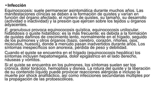 • Infección
Equinococosis: suele permanecer asintomática durante muchos años. Las
manifestaciones clínicas se deben a la formación de quistes y varían en
función del órgano afectado, el número de quistes, su tamaño, su desarrollo
(actividad o inactividad) y la presión que ejercen sobre los tejidos u órganos
adyacentes.
E. granulosus provoca equinococosis quística, equinococosis unilocular,
hidatidosis o quiste hidatídico: es la más frecuente; es debida a la formación
de quistes dañinos de crecimiento lento, normalmente en el hígado, seguido
de los pulmones y otros órganos (bazo, cerebro, corazón, riñones, ojos,
músculos, huesos), donde a menudo pasan inadvertidos durante años. Los
síntomas inespecíficos son anorexia, pérdida de peso y debilidad.
Cuando el quiste se encuentra en el hígado (equinococosis hepática) los
síntomas incluyen hepatomegalia, dolor epigástrico en el lado derecho,
náuseas y vómitos.
Si el quiste se encuentra en los pulmones, los síntomas suelen ser tos
crónica, dolor torácico, hemoptisis y disnea. La rotura del quiste y la liberación
de su contenido líquido puede provocar reacciones alérgicas e incluso la
muerte por shock anafiláctico, así como infecciones secundarias múltiples por
la propagación de las protoescólices.
 