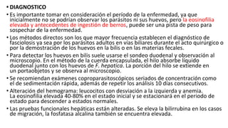 • DIAGNOSTICO
• Es importante tomar en consideración el período de la enfermedad, ya que
inicialmente no se podrían observar los parásitos ni sus huevos, pero la eosinofilia
elevada y antecedentes de ingestión de berros, puede ser una pista de peso para
sospechar de la enfermedad.
• Los métodos directos son los que mayor frecuencia establecen el diagnóstico de
fasciolosis ya sea por los parásitos adultos en vías biliares durante el acto quirúrgico o
por la demostración de los huevos en la bilis o en las materias fecales.
• Para detectar los huevos en bilis suele usarse el sondeo duodenal y observación al
microscopio. En el método de la cuerda encapsulada, el hilo absorbe líquido
duodenal junto con los huevos de F. hepatica. La porción del hilo se extiende en
un portaobjetos y se observa al microscopio.
• Se recomiendan exámenes coproparasitoscópicos seriados de concentración como
el de sedimentación rápida, además de repetir los análisis 10 días consecutivos.
• Alteración del hemograma: leucocitos con desviación a la izquierda y anemia.
La eosinofilia elevada 40-80% en el estado inicial y se estacionará en el periodo de
estado para descender a estados normales.
• Las pruebas funcionales hepáticas están alteradas. Se eleva la bilirrubina en los casos
de migración, la fosfatasa alcalina también se encuentra elevada.
 