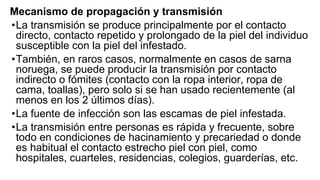 Mecanismo de propagación y transmisión
•La transmisión se produce principalmente por el contacto
directo, contacto repetido y prolongado de la piel del individuo
susceptible con la piel del infestado.
•También, en raros casos, normalmente en casos de sarna
noruega, se puede producir la transmisión por contacto
indirecto o fómites (contacto con la ropa interior, ropa de
cama, toallas), pero solo si se han usado recientemente (al
menos en los 2 últimos días).
•La fuente de infección son las escamas de piel infestada.
•La transmisión entre personas es rápida y frecuente, sobre
todo en condiciones de hacinamiento y precariedad o donde
es habitual el contacto estrecho piel con piel, como
hospitales, cuarteles, residencias, colegios, guarderías, etc.
 