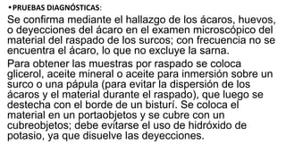 •PRUEBAS DIAGNÓSTICAS:
Se confirma mediante el hallazgo de los ácaros, huevos,
o deyecciones del ácaro en el examen microscópico del
material del raspado de los surcos; con frecuencia no se
encuentra el ácaro, lo que no excluye la sarna.
Para obtener las muestras por raspado se coloca
glicerol, aceite mineral o aceite para inmersión sobre un
surco o una pápula (para evitar la dispersión de los
ácaros y el material durante el raspado), que luego se
destecha con el borde de un bisturí. Se coloca el
material en un portaobjetos y se cubre con un
cubreobjetos; debe evitarse el uso de hidróxido de
potasio, ya que disuelve las deyecciones.
 