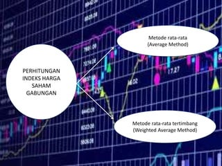 PERHITUNGAN
INDEKS HARGA
SAHAM
GABUNGAN
Metode rata-rata
(Average Method)
Metode rata-rata tertimbang
(Weighted Average Method)
 