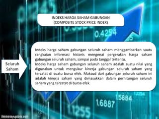 INDEKS HARGA SAHAM GABUNGAN
(COMPOSITE STOCK PRICE INDEX)
Indeks harga saham gabungan seluruh saham menggambarkan suatu
rangkaian informasi historis mengenai pergerakan harga saham
gabungan seluruh saham, sampai pada tanggal tertentu.
Indeks harga saham gabungan seluruh saham adalah suatu nilai yang
digunakan untuk mengukur kinerja gabungan seluruh saham yang
tercatat di suatu bursa efek. Maksud dari gabungan seluruh saham ini
adalah kinerja saham yang dimasukkan dalam perhitungan seluruh
saham yang tercatat di bursa efek.
Seluruh
Saham
 