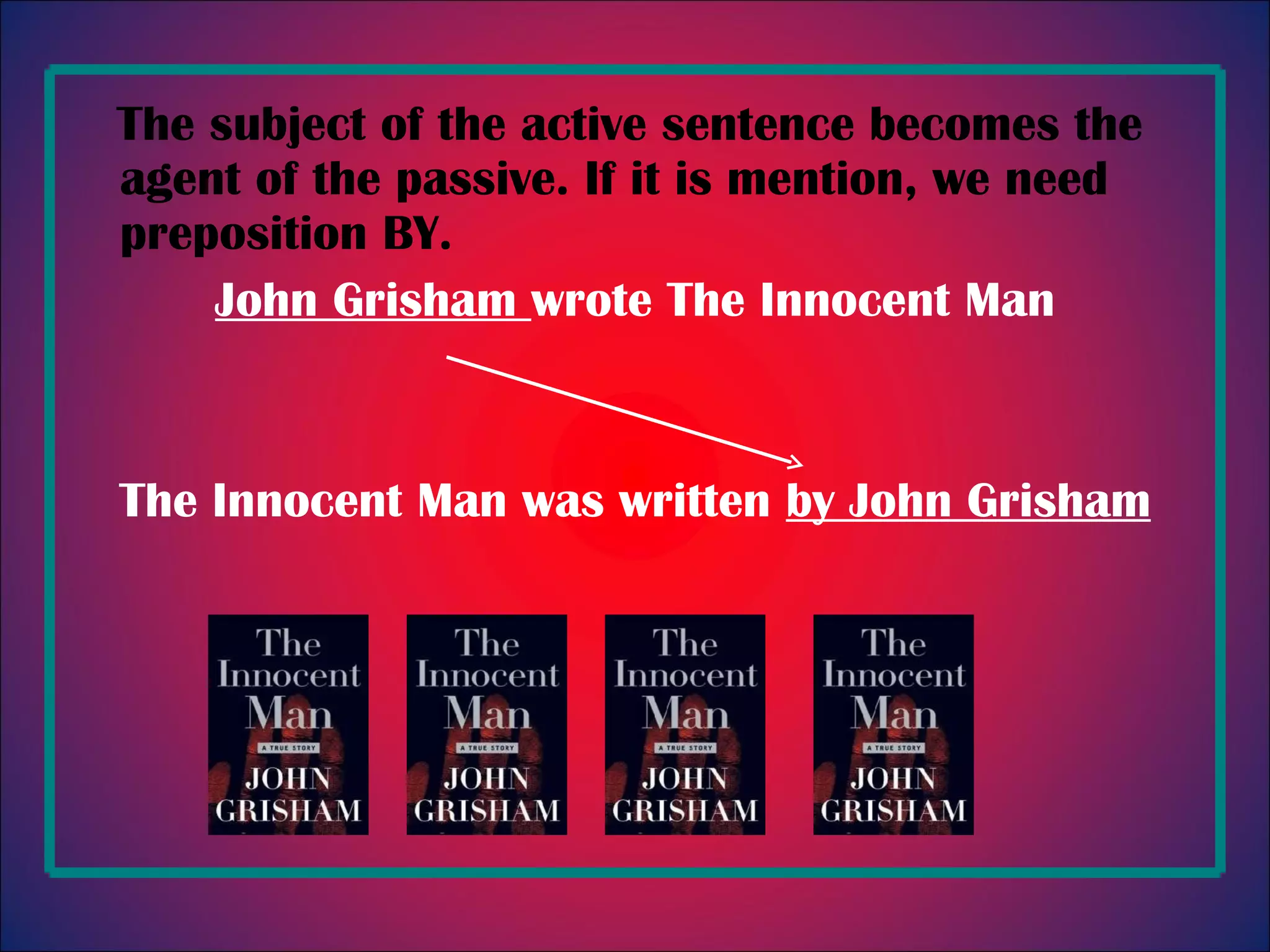 The subject of the active sentence becomes the agent of the passive. If it is mention, we need preposition BY. John Grisham wrote The Innocent Man The Innocent Man was written by John Grisham