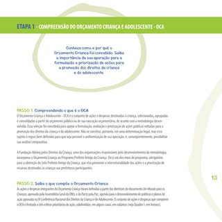 13
Conheça como e por quê o
Orçamento Criança foi concebido. Saiba
a importância da sua apuração para a
formulação e priorização de ações para
a promoção dos direitos da criança
e do adolescente.
PASSO 1. Compreendendo o que é o OCA
O Orçamento Criança e Adolescente - OCA é o conjunto de ações e despesas destinadas à criança, selecionadas, agrupadas
e consolidadas a partir do orçamento público ou de sua execução orçamentária, de acordo com a metodologia desen-
volvida. Essa seleção foi concebida para apoiar a formulação, avaliação e priorização de ações públicas voltadas para a
promoção dos direitos da criança e do adolescente. Não se constitui, portanto, em uma determinação legal, mas está
sujeito a regras bem deﬁnidas para que seja possível a uniformização de sua apuração, e, conseqüentemente, possibilitar
sua análise comparativa.
A Fundação Abrinq pelos Direitos da Criança, uma das organizações responsáveis pelo desenvolvimento da metodologia,
incorporou o Orçamento Criança ao Programa Prefeito Amigo da Criança. Ele é um dos eixos do programa, obrigatório
para a obtenção do Selo Prefeito Amigo da Criança, que visa promover a intersetorialidade das ações e a priorização de
recursos destinados às crianças nas prefeituras participantes.
PASSO 2. Saiba o que compõe o Orçamento Criança
AsaçõesedespesasintegrantesdoOrçamentoCriançaforamdeﬁnidasapartirdasdiretrizesdodocumentoUmMundoparaas
Crianças,aprovadopelaAssembléiaGeraldaONU,edoPactopelaPaz,agendaparaodesenvolvimentodepolíticaseplanosde
açãoaprovadanaIVConferênciaNacionaldosDireitosdaCriançaedoAdolescente.Oconjuntodeaçõesedespesasquecompõem
oOCAélimitadoatrêsesferasprioritáriasdeação,subdivididas,emalgunscasos,emsubáreas(vejaQuadro1,emAnexos):
ETAPA 1 - COMPREENSÃO DO ORÇAMENTO CRIANÇA E ADOLESCENTE - OCA
 