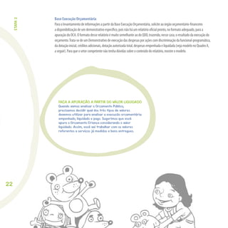 22
Base Execução Orçamentária
ParaolevantamentodeinformaçõesapartirdaBaseExecuçãoOrçamentária,soliciteaoórgãoorçamentário-ﬁnanceiro
adisponibilizaçãodeumdemonstrativoespecíﬁco,poisnãoháumrelatóriooﬁcialpronto,noformatoadequado,paraa
apuraçãodoOCA.OformatodesserelatórioémuitosemelhanteaodoQDD,trazendo,nessecaso,oresultadodaexecuçãodo
orçamento.Trata-sedeumDemonstrativodeexecuçãodasdespesasporaçõescomdiscriminaçãodafuncional-programática,
dadotaçãoinicial,créditosadicionais,dotaçãoautorizadatotal,despesasempenhadaeliquidada(vejamodelonoQuadroA,
aseguir).Paraqueosetorcompetentenãotenhadúvidassobreoconteúdodorelatório,mostreomodelo.
FAÇA A APURAÇÃO A PARTIR DO VALOR LIQUIDADO
Quando vamos analisar o Orçamento Público,
precisamos decidir qual dos três tipos de valores
devemos utilizar para analisar a execução orçamentária:
empenhado, liquidado e pago. Sugerimos que você
apure o Orçamento Criança considerando o valor
liquidado. Assim, você vai trabalhar com os valores
referentes a serviços já medidos e bens entregues.
ETAPA2
 