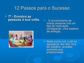 12 Passos para o Sucesso12 Passos para o Sucesso
 7º - Envolva as7º - Envolva as
pessoas à sua volta.pessoas à sua volta.  . O envolvimento de. O envolvimento de
outras pessoas cria umoutras pessoas cria um
tipo de motivaçãotipo de motivação
contagiante, uma espéciecontagiante, uma espécie
de sinergia.de sinergia.
 Nada como unir o útil aoNada como unir o útil ao
agradável. Ser feliz foraagradável. Ser feliz fora
do trabalho, acredite,do trabalho, acredite,
aumenta suaaumenta sua
produtividadeprodutividade
 