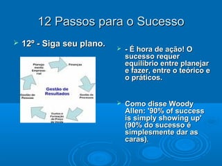 12 Passos para o Sucesso12 Passos para o Sucesso
 12º - Siga seu plano.12º - Siga seu plano.  - É hora de ação! O- É hora de ação! O
sucesso requersucesso requer
equilíbrio entre planejarequilíbrio entre planejar
e fazer, entre o teórico ee fazer, entre o teórico e
o práticos.o práticos.
 Como disse WoodyComo disse Woody
Allen: '90% of successAllen: '90% of success
is simply showing up'is simply showing up'
(90% do sucesso é(90% do sucesso é
simplesmente dar assimplesmente dar as
caras)caras)..
 