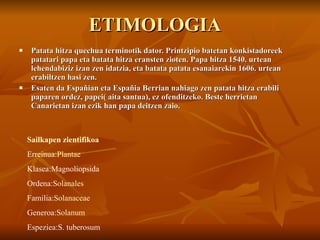 Patata hitza quechua terminotik dator. Printzipio batetan konkistadoreek patatari papa eta batata hitza eransten zioten. Papa hitza 1540. urtean lehendabiziz izan zen idatzia, eta batata patata esanaiarekin 1606. urtean erabiltzen hasi zen. Esaten da Españian eta Españia Berrian nahiago zen patata hitza erabili paparen ordez, papei( aita santua), ez ofenditzeko. Beste herrietan Canarietan izan ezik han papa deitzen zaio. ETIMOLOGIA Sailkapen zientifikoa Erreinua: Plantae Klasea:Magnoliopsida Ordena: Solanales Familia: Solanaceae Generoa: Solanum Espeziea:S. tuberosum 