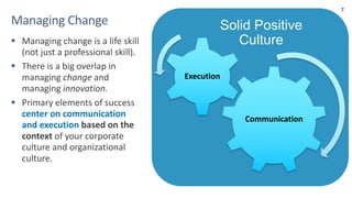 8
Managing	Change
Change management is not a command-and-control exercise.
It is a hearts-and-minds journey.
 