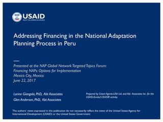 1
Addressing Financing in the National Adaptation
Planning Process in Peru
Presented at the NAP Global NetworkTargetedTopics Forum:
Financing NAPs: Options for Implementation
Mexico City, Mexico
June 22, 2017
Lorine Giangola, PhD, Abt Associates
Glen Anderson, PhD, Abt Associates
Prepared by Crown Agents-USA Ltd. and Abt Associates Inc. for the
USAID-funded CEADIR activity.
The authors’ views expressed in this publication do not necessarily reflect the views of the United States Agency for
International Development (USAID) or the United States Government.
 