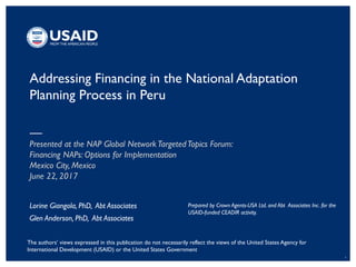 1
Addressing Financing in the National Adaptation
Planning Process in Peru
Presented at the NAP Global NetworkTargetedTopi...