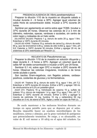 Manual de Microbiología de los Alimentos – capítulo 12
130
PRESENCIA-AUSENCIA DE Vibrio parahaemolyticus
Preparar la dilución 1/10 de la muestra en diluyente salado e
incubar durante 4 - 6 horas a 30ºC. Agregar igual volumen de
caldo Horie de concentración doble. Incubar a 37ºC durante 24
horas.
Sembrar por agotamiento en estría sobre agar TCBS. Incubar a
37ºC durante 24 horas. Observar las colonias de 2 a 3 mm de
diámetro, redondas, opacas, verdosas o azuladas, sin centro de
color negro y rodeadas de un halo verde.
DILUYENTE SALADO. Peptona 1 g, cloruro de sodio 20 g, agua 1 litro.
Esterilizar a 120ºC durante 20 minutos.
CALDO DE HORIE. Triptona 10 g, extracto de carne 6 g, cloruro de sodio
60 g, azul de bromotimol 0,06 g, violeta de etilo 0,002 g, agua 1 litro, pH
9,0. Calentar a 100ºC durante 30 minutos. Enfriar y agregar 20 mL de
arabinosa al 25% esterilizada por filtración (2).
RECUENTO DE Pseudomonas spp.
Preparar la dilución 1/10 de la muestra en solución diluyente y
dejar durante 4 - 6 horas a 30ºC. Agregar un volumen igual de
caldo NF de doble concentración e incubar a 42ºC por 24 horas.
Sembrar 0,1 mL sobre agar CFC e incubar a 25ºC durante 48
horas. Observar las colonias irregulares, incoloras o de tonos
verde azulado o pardo.
Son bacilos Gram-negativos, con flagelos polares, oxidasa-
positivos, oxidantes de glucosa y no fermentativos.
CALDO NF. Triptona 30 g, cloruro de sodio 10 g, agua 1 litro, pH 7,2.
Esterilizar a 120ºC durante 20 minutos. Enfriar a 50ºC y agregar 100 mL
de nitrofurantoína al 0,2% en polietilén-glicol.
AGAR CFC. Peptona 16 g, hidrolizado de caseína 10 g, sulfato de
potasio 10 g, cloruro de magnesio 1,4 g, agar 15 g, agua 1 litro, pH 7,2.
Esterilizar a 120ºC durante 20 minutos. Enfriar a 50ºC y agregar la
mezcla de cetrimida 10 mg, fucidina 10 mg y cefaloridina 50 mg
disueltos en 5 mL de etanol al 50%. Agitar y verter en cajas de Petri (2).
Se suele mantener a los moluscos bivalvos durante un
tiempo en agua potable para que se depuren por sí solos.
Resulta imposible hacer un analisis microbiológico de los
mejillones, ostras y almejas, por la gran variedad de patógenos
que potencialmente trasmiten. Se exige, y es alcanzable, un
valor de E. coli menor a 10 ufc/g en el agua del criadero. La
 