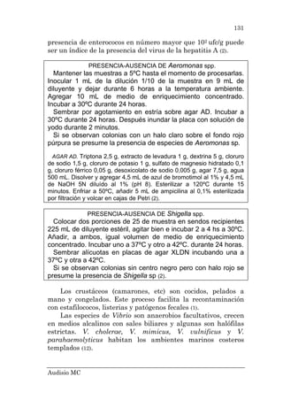 Audisio MC
131
presencia de enterococos en número mayor que 102 ufc/g puede
ser un índice de la presencia del virus de la hepatitis A (2).
PRESENCIA-AUSENCIA DE Aeromonas spp.
Mantener las muestras a 5ºC hasta el momento de procesarlas.
Inocular 1 mL de la dilución 1/10 de la muestra en 9 mL de
diluyente y dejar durante 6 horas a la temperatura ambiente.
Agregar 10 mL de medio de enriquecimiento concentrado.
Incubar a 30ºC durante 24 horas.
Sembrar por agotamiento en estría sobre agar AD. Incubar a
30ºC durante 24 horas. Después inundar la placa con solución de
yodo durante 2 minutos.
Si se observan colonias con un halo claro sobre el fondo rojo
púrpura se presume la presencia de especies de Aeromonas sp.
AGAR AD. Triptona 2,5 g, extracto de levadura 1 g, dextrina 5 g, cloruro
de sodio 1,5 g, cloruro de potasio 1 g, sulfato de magnesio hidratado 0,1
g, cloruro férrico 0,05 g, desoxicolato de sodio 0,005 g, agar 7,5 g, agua
500 mL. Disolver y agregar 4,5 mL de azul de bromotimol al 1% y 4,5 mL
de NaOH 5N diluído al 1% (pH 8). Esterilizar a 120ºC durante 15
minutos. Enfriar a 50ºC, añadir 5 mL de ampicilina al 0,1% esterilizada
por filtración y volcar en cajas de Petri (2).
PRESENCIA-AUSENCIA DE Shigella spp.
Colocar dos porciones de 25 de muestra en sendos recipientes
225 mL de diluyente estéril, agitar bien e incubar 2 a 4 hs a 30ºC.
Añadir, a ambos, igual volumen de medio de enriquecimiento
concentrado. Incubar uno a 37ºC y otro a 42ºC. durante 24 horas.
Sembrar alícuotas en placas de agar XLDN incubando una a
37ºC y otra a 42ºC.
Si se observan colonias sin centro negro pero con halo rojo se
presume la presencia de Shigella sp (2).
Los crustáceos (camarones, etc) son cocidos, pelados a
mano y congelados. Este proceso facilita la recontaminación
con estafilococos, listerias y patógenos fecales (1).
Las especies de Vibrio son anaerobios facultativos, crecen
en medios alcalinos con sales biliares y algunas son halófilas
estrictas. V. cholerae, V. mimicus, V. vulnificus y V.
parahaemolyticus habitan los ambientes marinos costeros
templados (12).
 