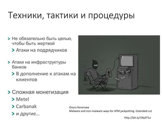 Техники, тактики и процедуры
Не обязательно быть целью,
чтобы быть жертвой
Атаки на подрядчиков
Атаки на инфраструктуры
банков
В дополнение к атакам на
клиентов
Сложная монетизация
Metel
Carbanak
и другие…
http://bit.ly/1NySY1a
Ольга Кочетова
Malware and non-malware ways for ATM jackpotting. Extended cut
 