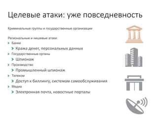 Целевые атаки: уже повседневность
Криминальные группы и государственные организации
Региональные и нишевые атаки:
Банки
Кража денег, персональных данных
Государственные органы
Шпионаж
Производство
Промышленный шпионаж
Телеком
Доступ к биллингу, системам самообслуживания
Медиа
Электронная почта, новостные порталы
 