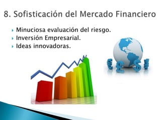    Minuciosa evaluación del riesgo.
   Inversión Empresarial.
   Ideas innovadoras.
 
