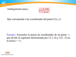 Análogamente para y

y1  ry 2
y
1 r

Que corresponde a las coordenadas del punto C(x, y)

Ejemplo: Encuentre la pareja ...