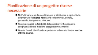 Pianificazione di un progetto: risorse
necessarie
 Nell’ultima fase della pianificazione si attribuisce a ogni attività
erlementare le risorse necessarie in termini di, denaro,
personale, tempo-macchina, ecc.
 Si completà cioè la fattibilità del progetto verificandone la
congruenza con la missione assegnata inizialmente.
 Questa fase di pianificazione può essere riassunta in una matrice
attività-risorse.
 