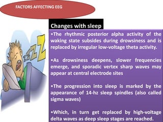 FACTORS AFFECTING EEG

Changes with sleep
•The rhythmic posterior alpha activity of the
waking state subsides during drowsiness and is
replaced by irregular low-voltage theta activity.
•As drowsiness deepens, slower frequencies
emerge, and sporadic vertex sharp waves may
appear at central electrode sites
•The progression into sleep is marked by the
appearance of 14-hz sleep spindles (also called
sigma waves)
•Which, in turn get replaced by high-voltage
delta waves as deep sleep stages are reached.

 