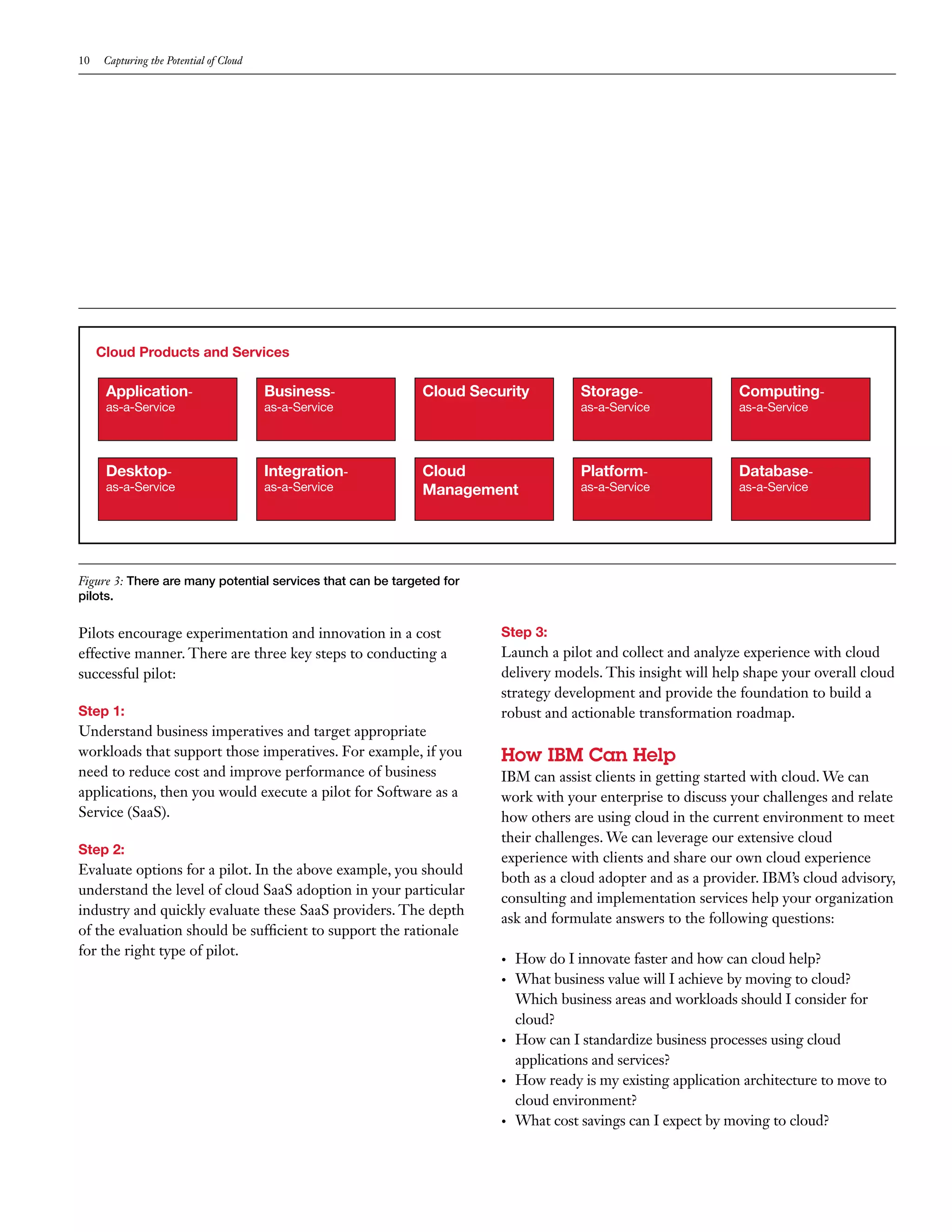 10    Capturing the Potential of Cloud




     Cloud Products and Services

      Application-                       Business-           Cloud Security           Storage-                  Computing-
      as-a-Service                       as-a-Service                                 as-a-Service              as-a-Service




      Desktop-                           Integration-        Cloud                    Platform-                 Database-
      as-a-Service                       as-a-Service        Management               as-a-Service              as-a-Service




Figure 3: There are many potential services that can be targeted for
pilots.


Pilots encourage experimentation and innovation in a cost              Step 3:
effective manner. There are three key steps to conducting a            Launch a pilot and collect and analyze experience with cloud
successful pilot:                                                      delivery models. This insight will help shape your overall cloud
                                                                       strategy development and provide the foundation to build a
Step 1:                                                                robust and actionable transformation roadmap.
Understand business imperatives and target appropriate
workloads that support those imperatives. For example, if you          How IBM Can Help
need to reduce cost and improve performance of business                IBM can assist clients in getting started with cloud. We can
applications, then you would execute a pilot for Software as a         work with your enterprise to discuss your challenges and relate
Service (SaaS).                                                        how others are using cloud in the current environment to meet
                                                                       their challenges. We can leverage our extensive cloud
Step 2:
                                                                       experience with clients and share our own cloud experience
Evaluate options for a pilot. In the above example, you should
                                                                       both as a cloud adopter and as a provider. IBM’s cloud advisory,
understand the level of cloud SaaS adoption in your particular
                                                                       consulting and implementation services help your organization
industry and quickly evaluate these SaaS providers. The depth
                                                                       ask and formulate answers to the following questions:
of the evaluation should be sufficient to support the rationale
for the right type of pilot.
                                                                       •	   How do I innovate faster and how can cloud help?
                                                                       •	   What business value will I achieve by moving to cloud?
                                                                            Which business areas and workloads should I consider for
                                                                            cloud?
                                                                       •	   How can I standardize business processes using cloud
                                                                            applications and services?
                                                                       •	   How ready is my existing application architecture to move to
                                                                            cloud environment?
                                                                       •	   What cost savings can I expect by moving to cloud?
 