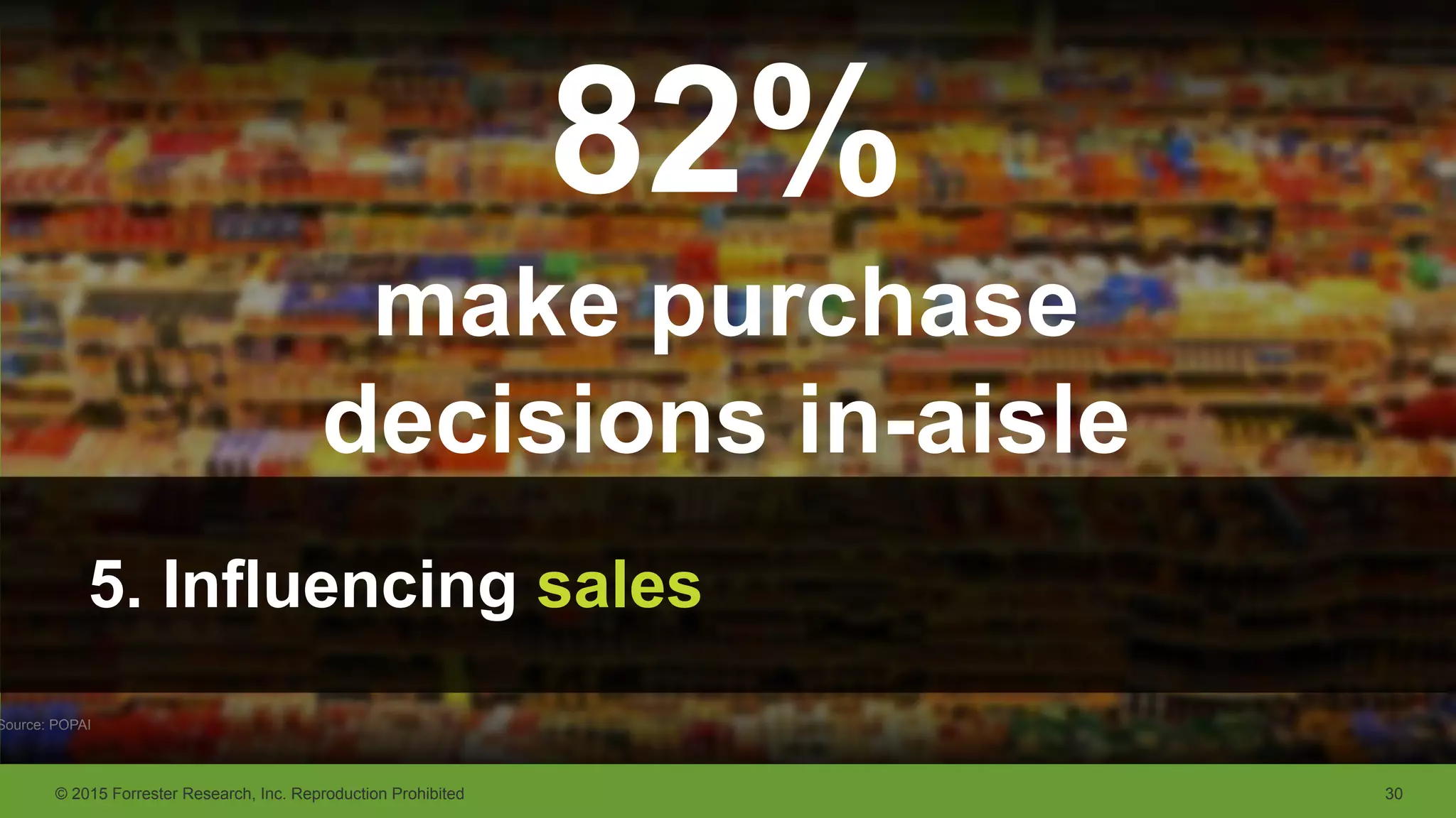 © 2015 Forrester Research, Inc. Reproduction Prohibited 30
Source: POPAI
82%
make purchase
decisions in-aisle
5. Influencing sales
 