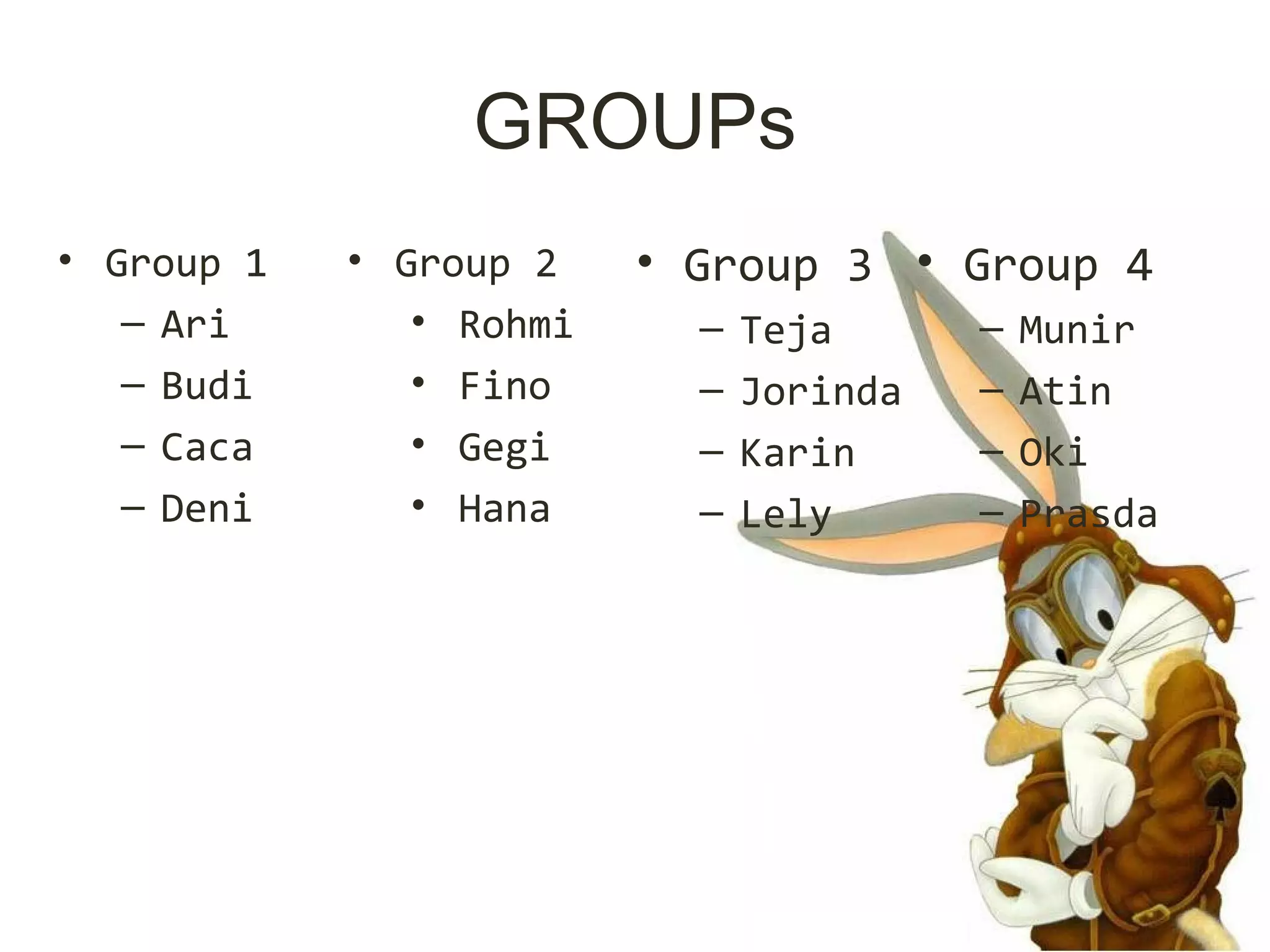 GROUPs
• Group 1
– Ari
– Budi
– Caca
– Deni
• Group 2
• Rohmi
• Fino
• Gegi
• Hana
• Group 4
– Munir
– Atin
– Oki
– Prasda
• Group 3
– Teja
– Jorinda
– Karin
– Lely
 