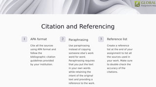 Citation and Referencing
1 APA format
Cite all the sources
using APA format and
follow the
bibliographic citation
guidelines provided
by your institution.
2 Paraphrasing
Use paraphrasing
instead of copying
someone else’s work
word for word.
Paraphrasing requires
that you put the text
in your own words
while retaining the
intent of the original
text and providing a
reference to the work.
3 Reference list
Create a reference
list at the end of your
assignment to list all
the sources used in
your work. Make sure
to double-check the
accuracy of the
citations.
 