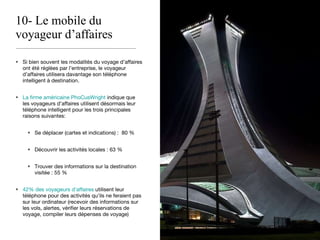 10- Le mobile du voyageur d’affaires Si bien souvent les modalités du voyage d’affaires ont été réglées par l’entreprise, le voyageur d’affaires utilisera davantage son téléphone intelligent à destination. La firme américaine PhoCusWright  indique que les voyageurs d’affaires utilisent désormais leur téléphone intelligent pour les trois principales raisons suivantes:  Se déplacer (cartes et indications) :  80 % Découvrir les activités locales : 63 % Trouver des informations sur la destination visitée : 55 % 42% des voyageurs d’affaires  utilisent leur téléphone pour des activités qu’ils ne feraient pas sur leur ordinateur (recevoir des informations sur les vols, alertes, vérifier leurs réservations de voyage, compiler leurs dépenses de voyage) 