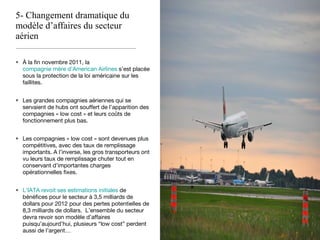 5- Changement dramatique du modèle d’affaires du secteur aérien À la fin novembre 2011, la  compagnie mère d’American Airlines  s’est placée sous la protection de la loi américaine sur les faillites. Les grandes compagnies aériennes qui se servaient de hubs ont souffert de l’apparition des compagnies « low cost » et leurs coûts de fonctionnement plus bas. Les compagnies « low cost » sont devenues plus compétitives, avec des taux de remplissage importants. A l’inverse, les gros transporteurs ont vu leurs taux de remplissage chuter tout en conservant d’importantes charges opérationnelles fixes. L’IATA revoit ses estimations initiales  de bénéfices pour le secteur à 3,5 milliards de dollars pour 2012 pour des pertes potentielles de 8,3 milliards de dollars.  L’ensemble du secteur devra revoir son modèle d’affaires puisqu’aujourd’hui, plusieurs “low cost” perdent aussi de l’argent… 