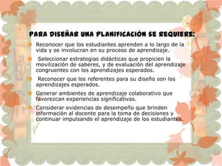 Para diseñar una planificación se requiere:
 Reconocer que los estudiantes aprenden a lo largo de la
vida y se involucran en su proceso de aprendizaje.
 Seleccionar estrategias didácticas que propicien la
movilización de saberes, y de evaluación del aprendizaje
congruentes con los aprendizajes esperados.
 Reconocer que los referentes para su diseño son los
aprendizajes esperados.
 Generar ambientes de aprendizaje colaborativo que
favorezcan experiencias significativas.
 Considerar evidencias de desempeño que brinden
información al docente para la toma de decisiones y
continuar impulsando el aprendizaje de los estudiantes.
 