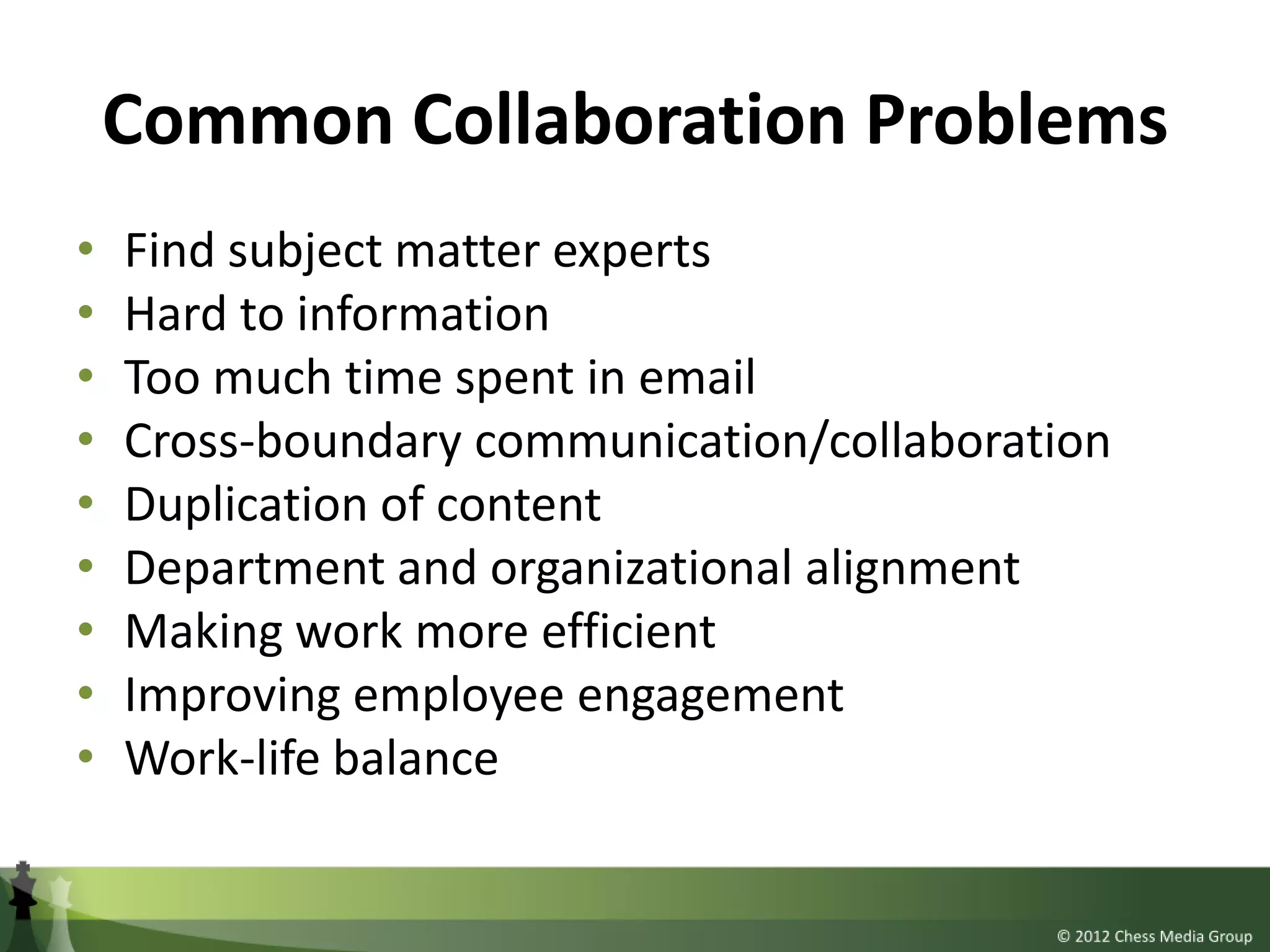 Common Collaboration Problems
•   Find subject matter experts
•   Hard to information
•   Too much time spent in email
•   Cross-boundary communication/collaboration
•   Duplication of content
•   Department and organizational alignment
•   Making work more efficient
•   Improving employee engagement
•   Work-life balance
 