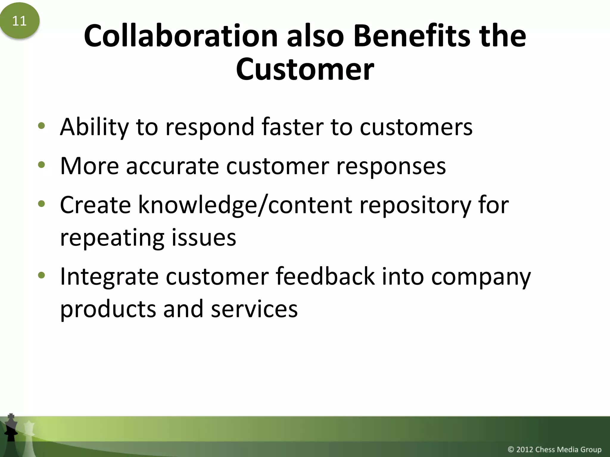 11
        Collaboration also Benefits the
                  Customer
     • Ability to respond faster to customers
     • More accurate customer responses
     • Create knowledge/content repository for
       repeating issues
     • Integrate customer feedback into company
       products and services
 