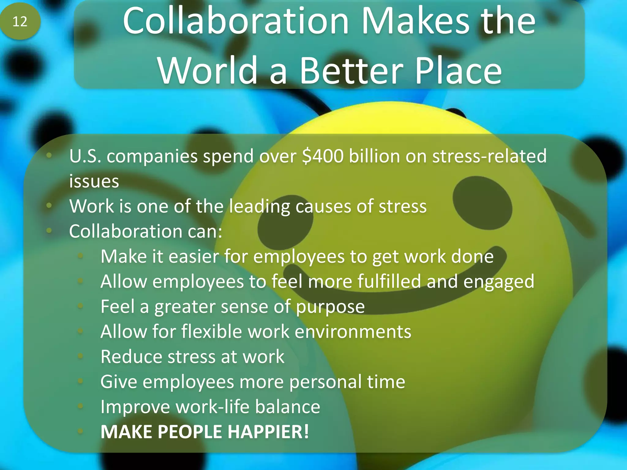 12           Collaboration Makes the
               World a Better Place
     • U.S. companies spend over $400 billion on stress-related
       issues
     • Work is one of the leading causes of stress
     • Collaboration can:
        • Make it easier for employees to get work done
        • Allow employees to feel more fulfilled and engaged
        • Feel a greater sense of purpose
        • Allow for flexible work environments
        • Reduce stress at work
        • Give employees more personal time
        • Improve work-life balance
        • MAKE PEOPLE HAPPIER!
 