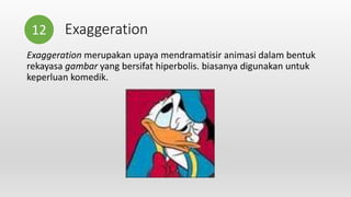 Exaggeration
Exaggeration merupakan upaya mendramatisir animasi dalam bentuk
rekayasa gambar yang bersifat hiperbolis. biasanya digunakan untuk
keperluan komedik.
12
 