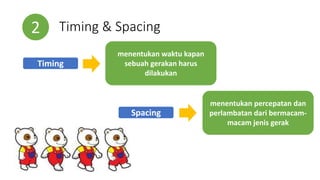 Timing & Spacing2
Timing
menentukan waktu kapan
sebuah gerakan harus
dilakukan
Spacing
menentukan percepatan dan
perlambatan dari bermacam-
macam jenis gerak
 