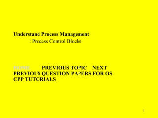 Understand Process Management
      : Process Control Blocks




HOME     PREVIOUS TOPIC NEXT
PREVIOUS QUESTION PAPERS FOR OS
CPP TUTORIALS




                                  1
 