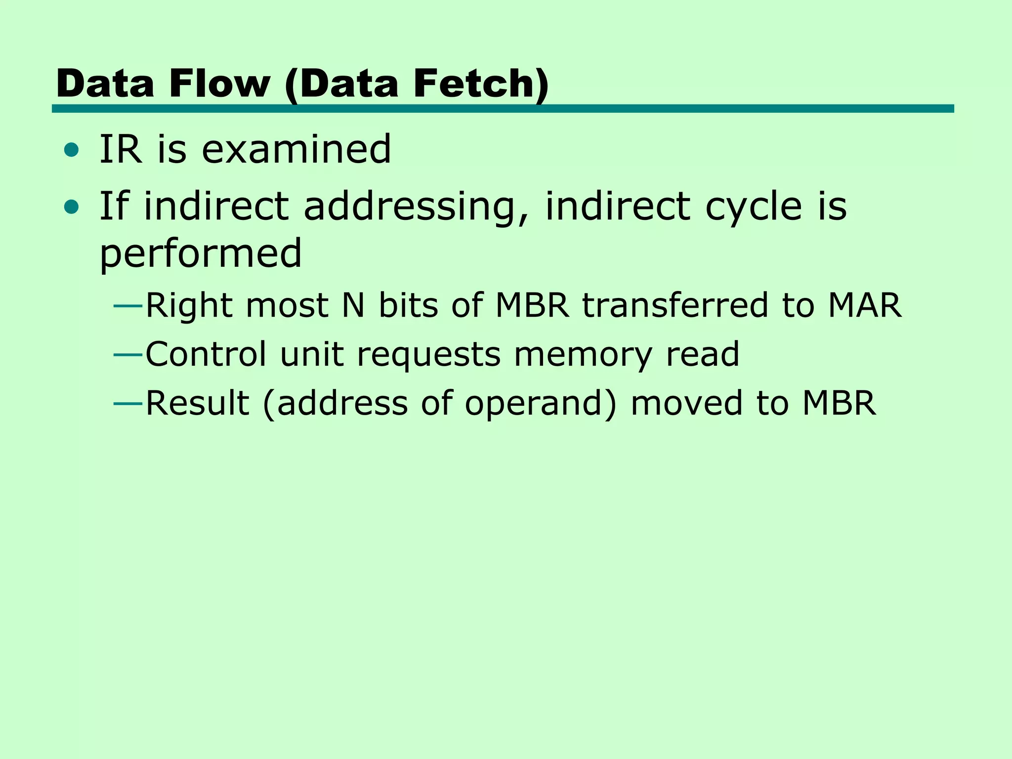 Data Flow (Data Fetch)
• IR is examined
• If indirect addressing, indirect cycle is
  performed
  —Right most N bits of MBR transferred to MAR
  —Control unit requests memory read
  —Result (address of operand) moved to MBR
 