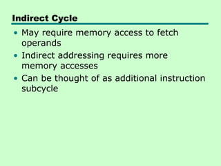 Indirect Cycle
• May require memory access to fetch
  operands
• Indirect addressing requires more
  memory accesses
• Can be thought of as additional instruction
  subcycle
 