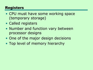 Registers
• CPU must have some working space
  (temporary storage)
• Called registers
• Number and function vary between
  processor designs
• One of the major design decisions
• Top level of memory hierarchy
 