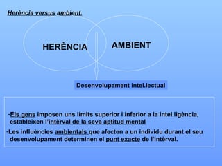 Herència versus ambient. Els gens  imposen uns límits superior i inferior a la intel.ligència,  estableixen l’ intèrval de la seva aptitud mental Les influències  ambientals  que afecten a un individu durant el seu  desenvolupament determinen el  punt exacte  de l’intèrval. HERÈNCIA AMBIENT Desenvolupament intel.lectual 